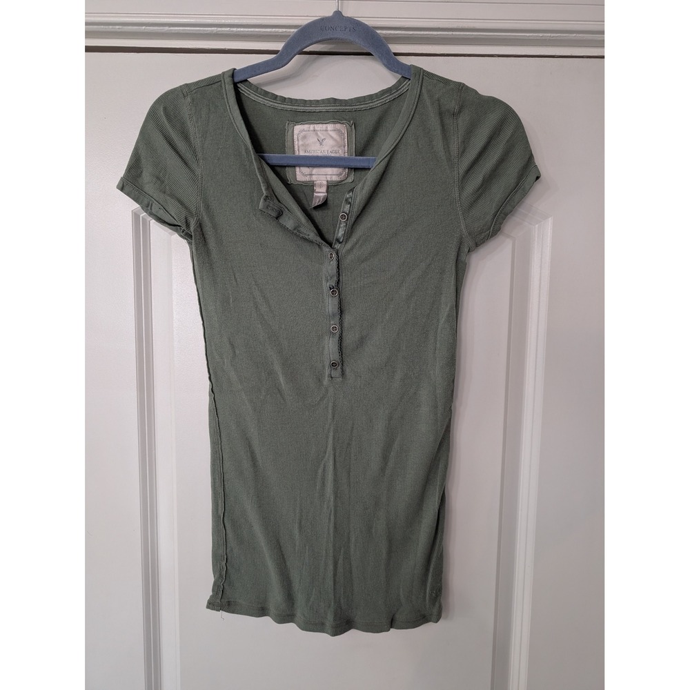 American Eagle Womens Short Sleeve Long Ribbed Henley Top Green Small y2K